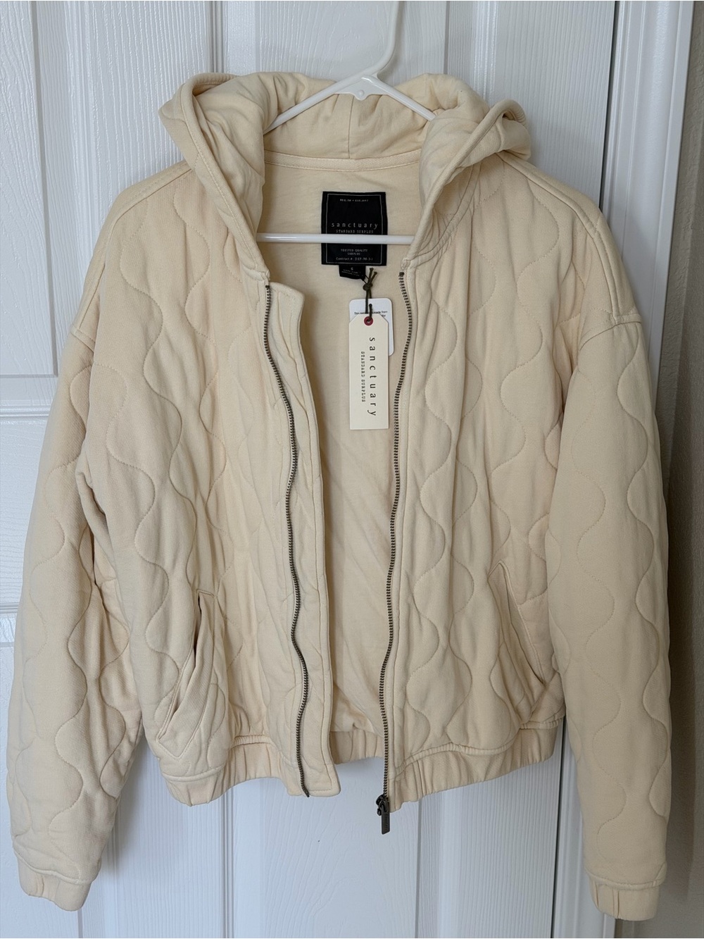 Sanctuary Quilted Cream Hooded Bomber Jacket